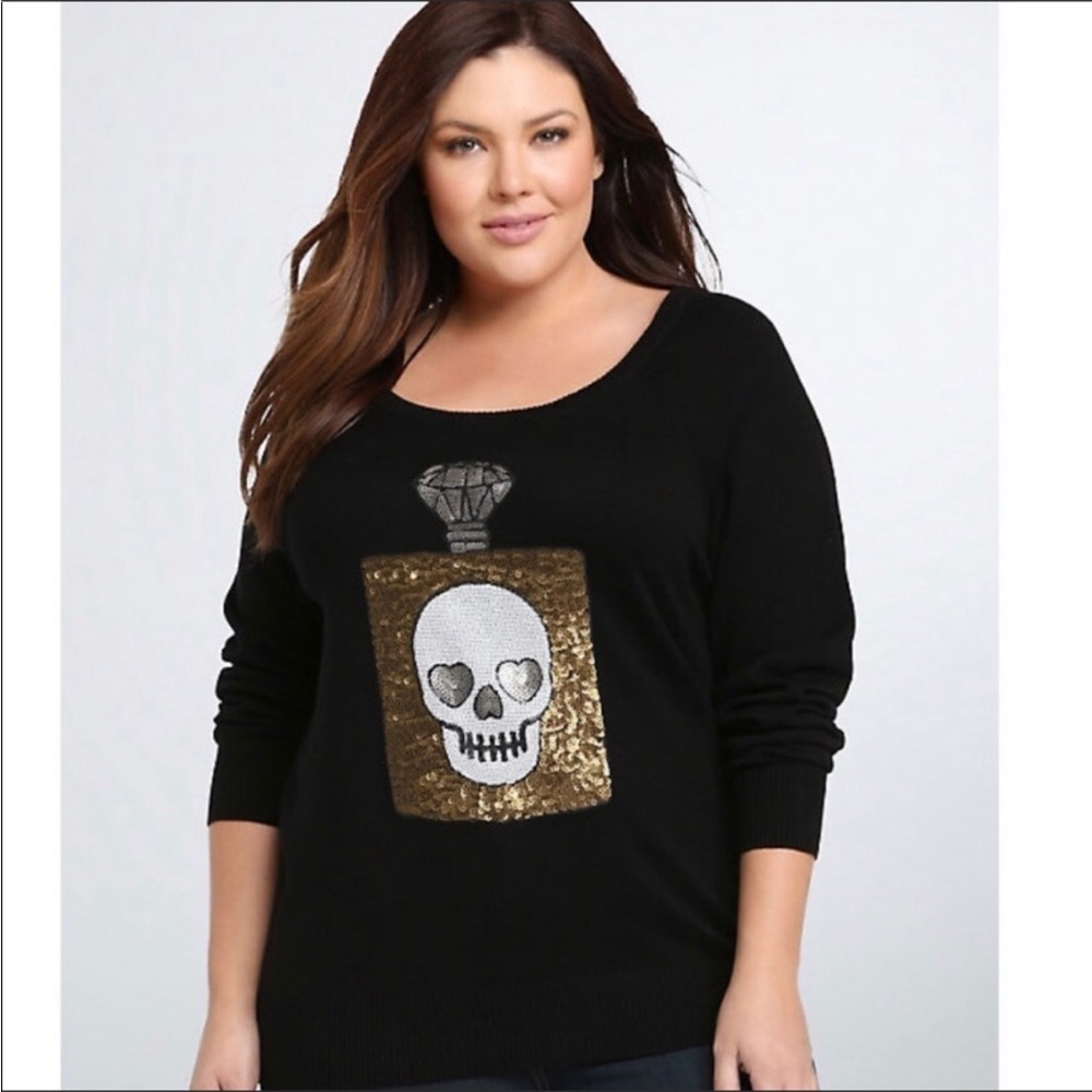 NWT! Torrid 3 Sequin Skull Perfume Sweater Black Gold